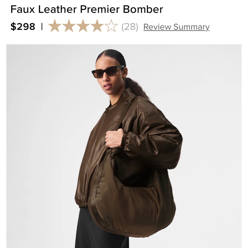 ALO Yoga Faux Leather Premier Bomber Jacket in Dark Olive Brown